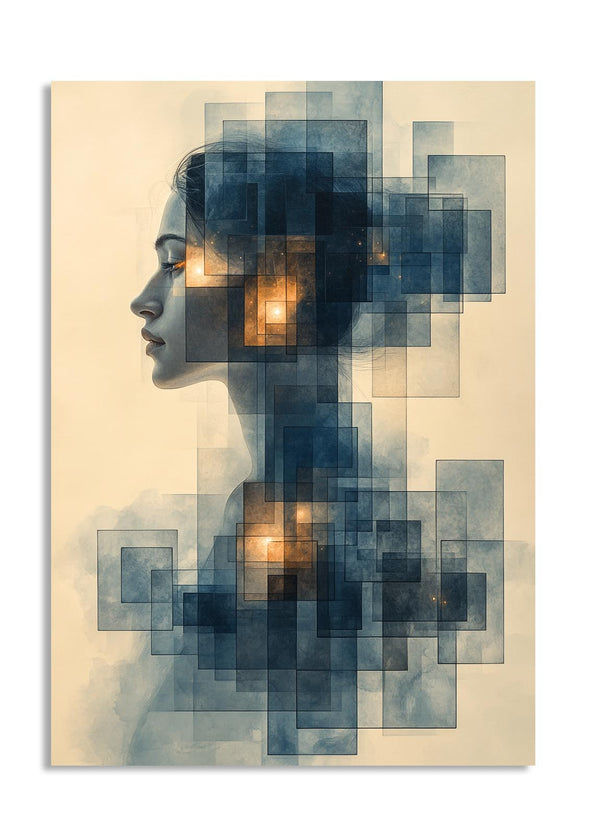 Artistic depiction of a woman's profile with geometric shapes overlayed on a beige background, as a premium aluminum metal print from GoMetalPrint.
