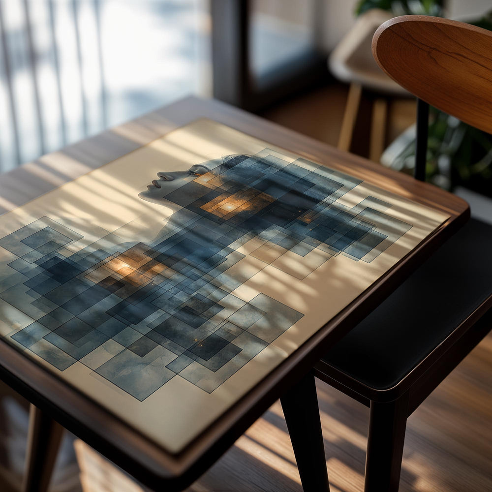 Artistic depiction of a woman's profile with geometric shapes overlayed on a beige background, as a premium aluminum metal print from GoMetalPrint.
