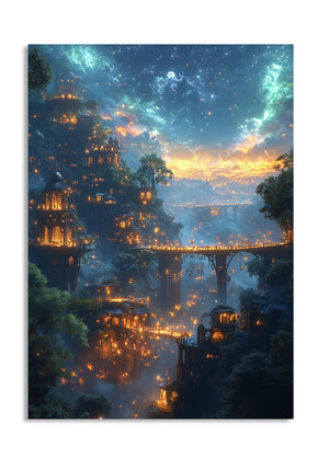 Fantasy landscape with glowing buildings and a bridge in a forest at night, as a premium aluminum metal print from GoMetalPrint.
