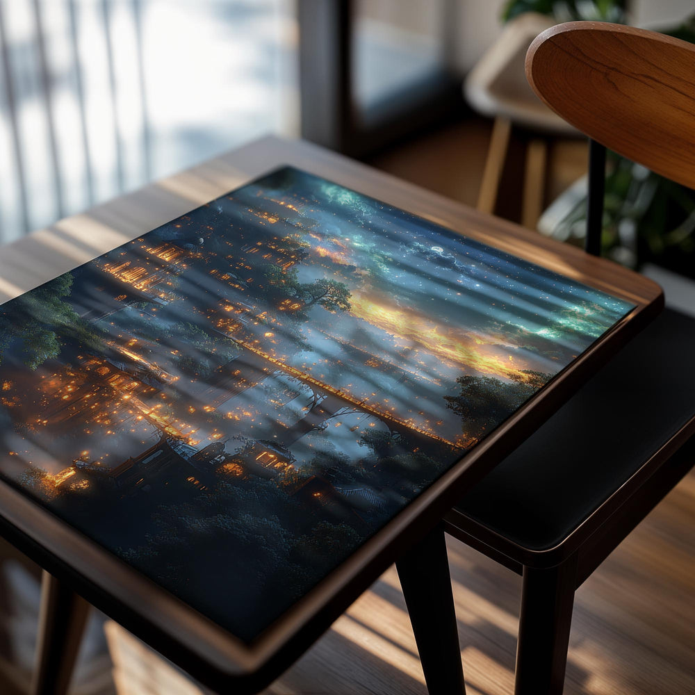 Fantasy landscape with glowing buildings and a bridge in a forest at night, as a premium aluminum metal print from GoMetalPrint.
