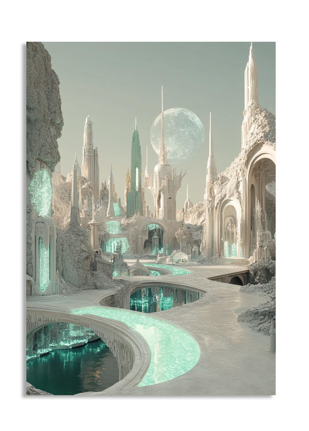 Futuristic cityscape with tall buildings and a reflective pool, as a premium aluminum metal print from GoMetalPrint.
