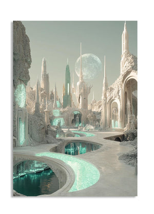 Futuristic cityscape with tall buildings and a reflective pool, as a premium aluminum metal print from GoMetalPrint.
