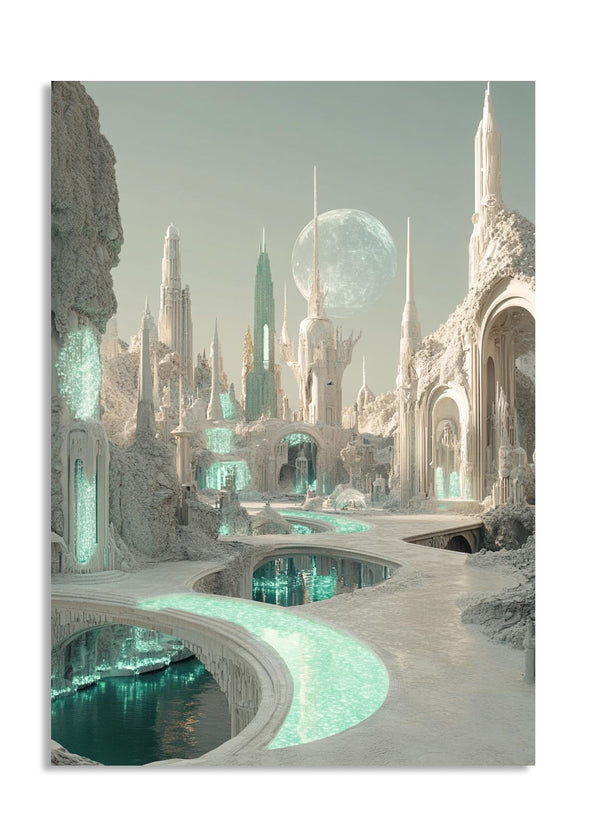 Futuristic cityscape with tall buildings and a reflective pool, as a premium aluminum metal print from GoMetalPrint.
