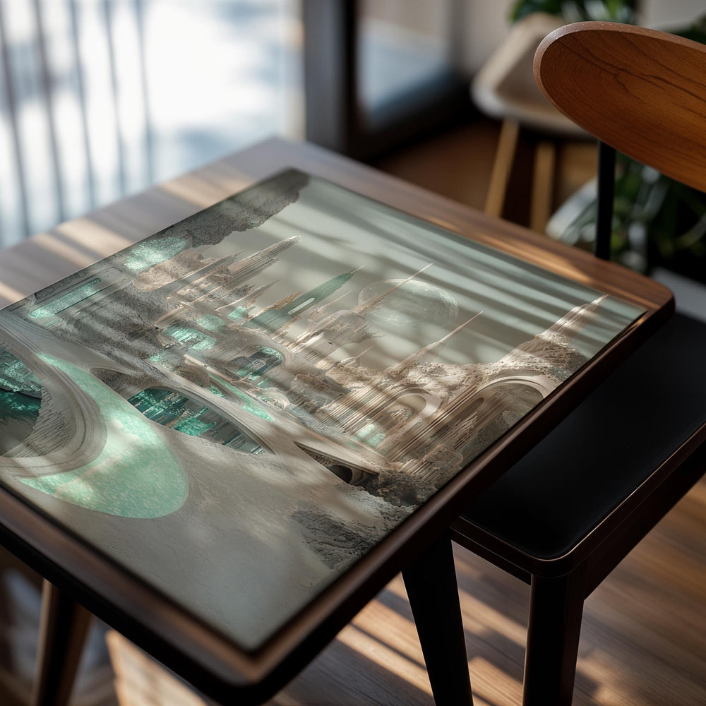 Futuristic cityscape with tall buildings and a reflective pool, as a premium aluminum metal print from GoMetalPrint.
