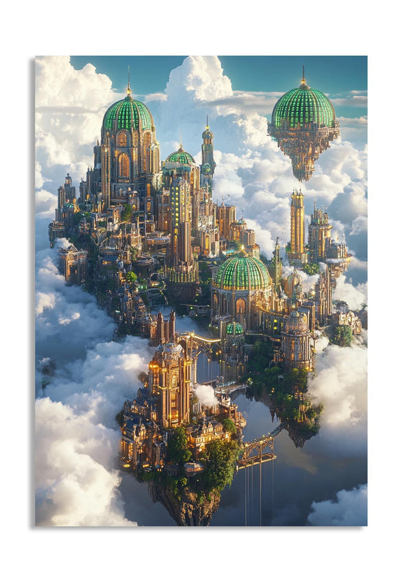 Futuristic cityscape with green domes and tall towers floating above clouds, as a premium aluminum metal print from GoMetalPrint.
