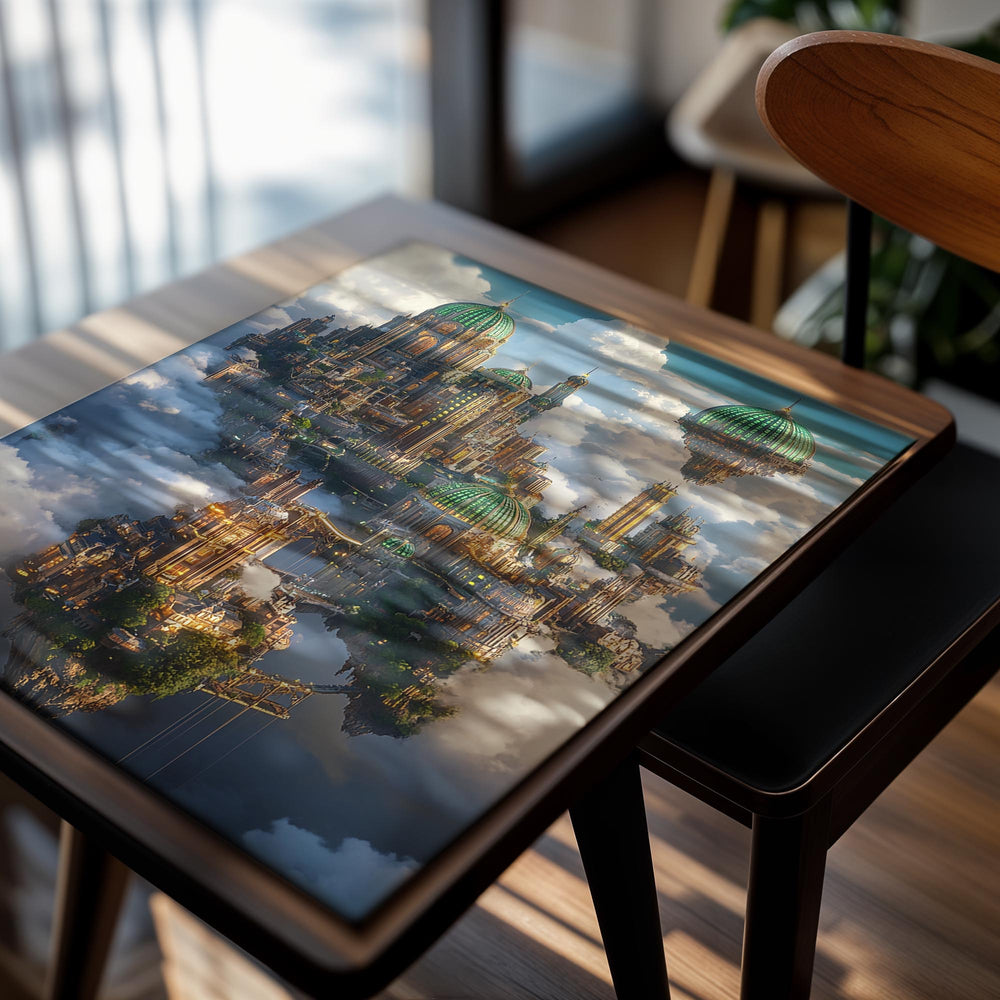 Futuristic cityscape with green domes and tall towers floating above clouds, as a premium aluminum metal print from GoMetalPrint.
