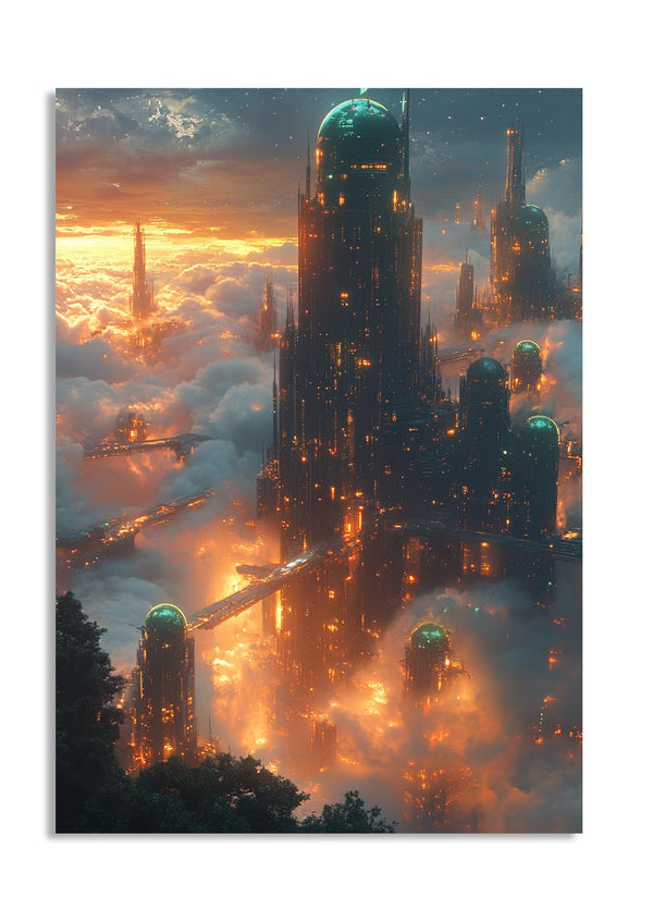 Futuristic cityscape with tall buildings emerging from clouds, as a premium aluminum metal print from GoMetalPrint.
