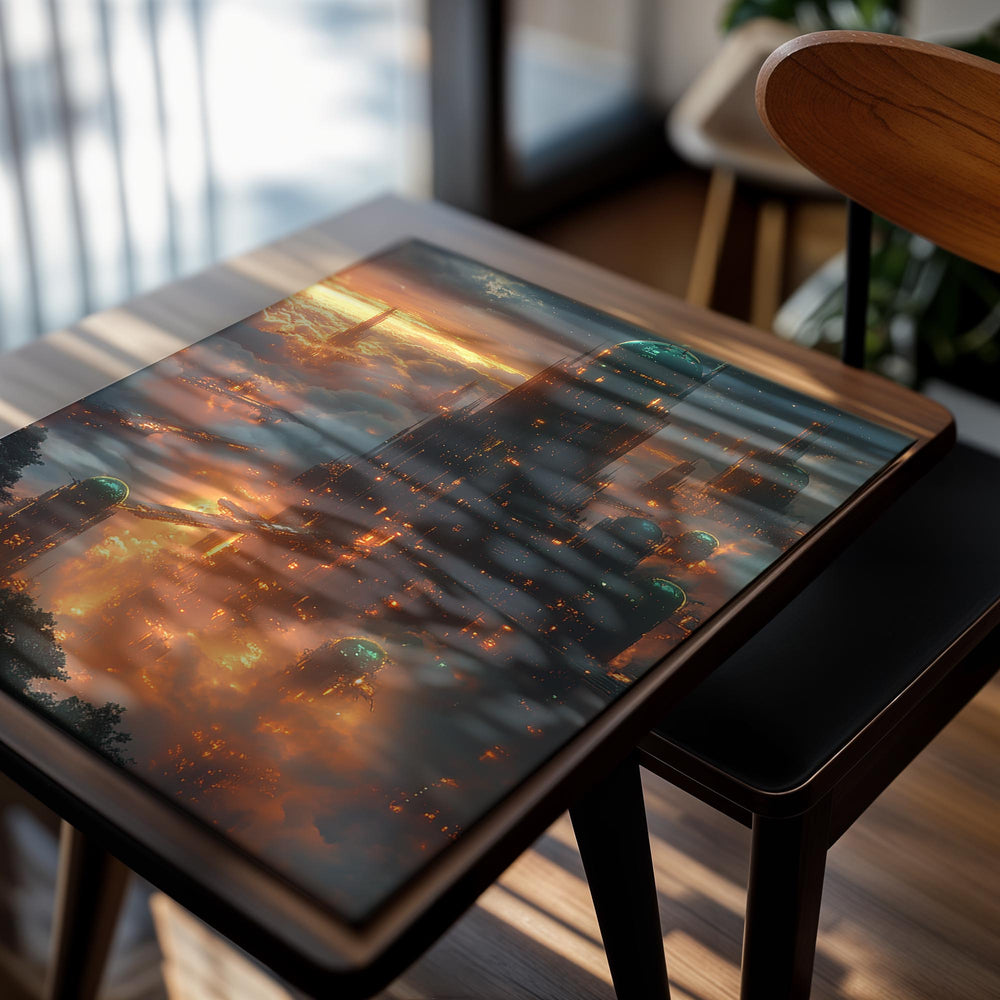 Futuristic cityscape with tall buildings emerging from clouds, as a premium aluminum metal print from GoMetalPrint.
