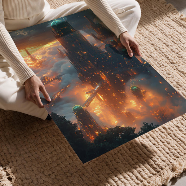 Luminous Skyscrapers in Mist