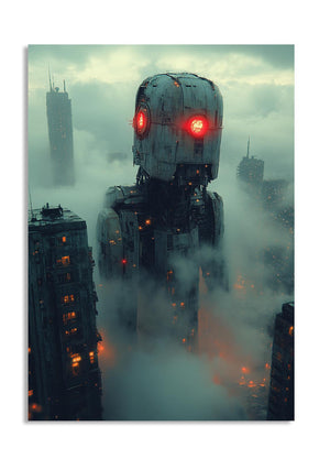 Large robot with red eyes in a foggy cityscape, as a premium aluminum metal print from GoMetalPrint.
