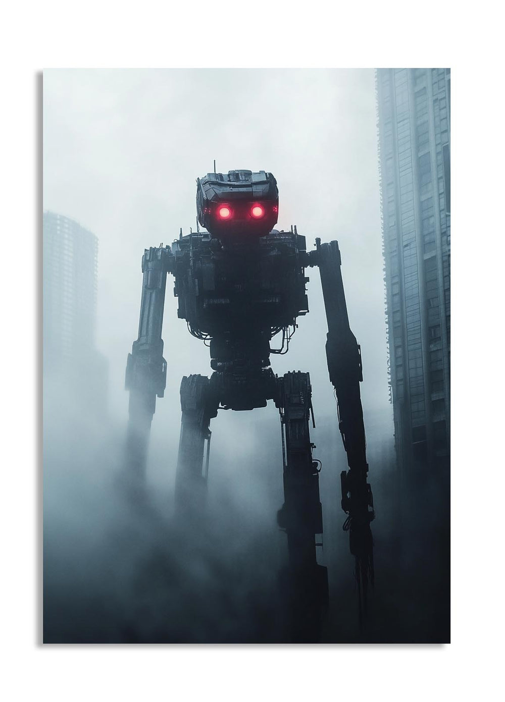 Robotic figure with red glowing eyes in a foggy urban setting, as a premium aluminum metal print from GoMetalPrint.
