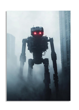 Robotic figure with red glowing eyes in a foggy urban setting, as a premium aluminum metal print from GoMetalPrint.
