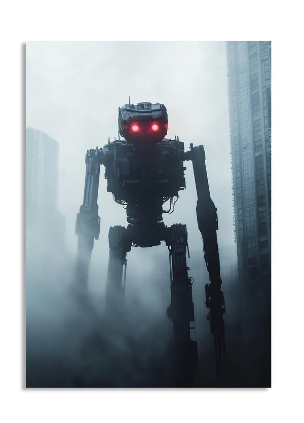 Robotic figure with red glowing eyes in a foggy urban setting, as a premium aluminum metal print from GoMetalPrint.
