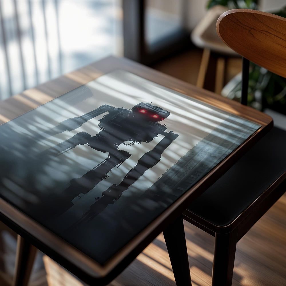 Robotic figure with red glowing eyes in a foggy urban setting, as a premium aluminum metal print from GoMetalPrint.
