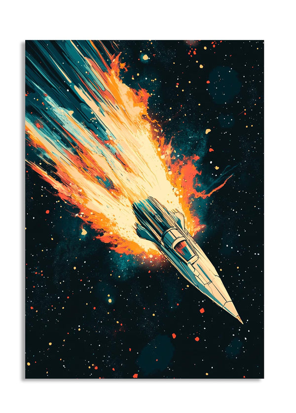 Space ship with fiery exhaust against a starry space background, as a premium aluminum metal print from GoMetalPrint.
