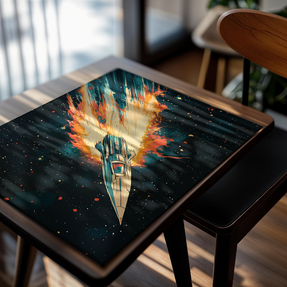 Space ship with fiery exhaust against a starry space background, as a premium aluminum metal print from GoMetalPrint.
