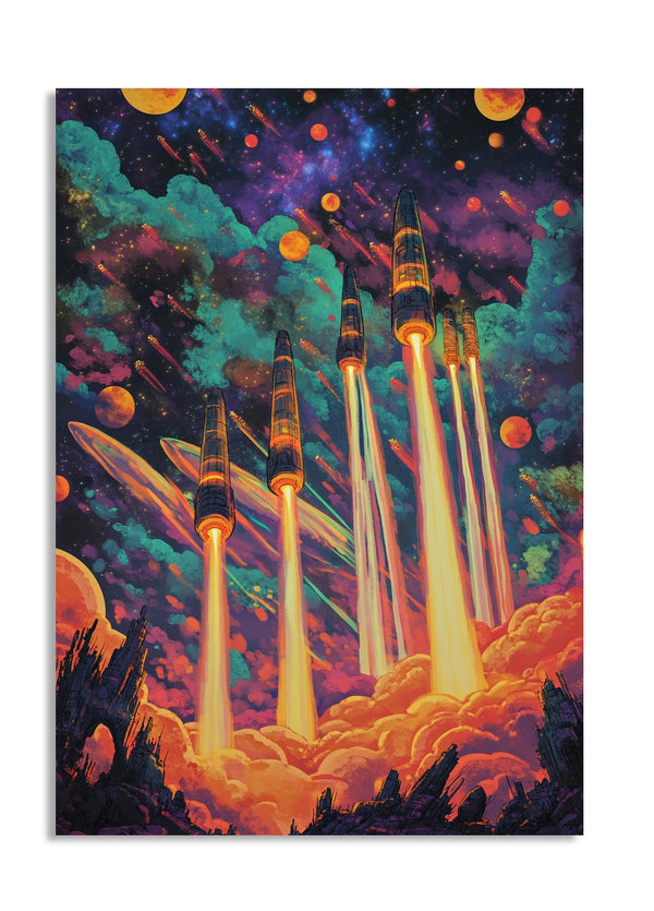 Colorful illustration of rockets launching into a space scene with planets and stars, as a premium aluminum metal print from GoMetalPrint.
