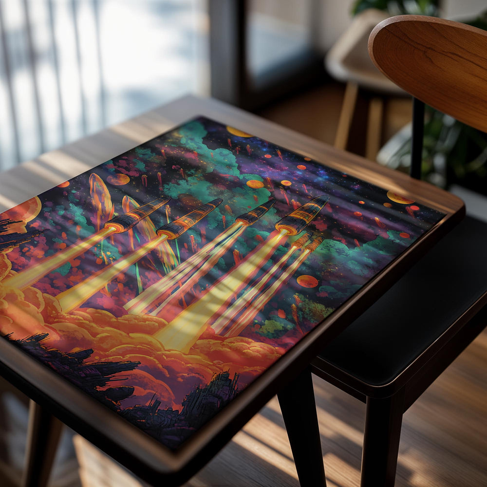 Colorful illustration of rockets launching into a space scene with planets and stars, as a premium aluminum metal print from GoMetalPrint.
