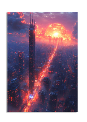 A futuristic cityscape with a tall skyscraper under a dramatic sky, as a premium aluminum metal print from GoMetalPrint.
