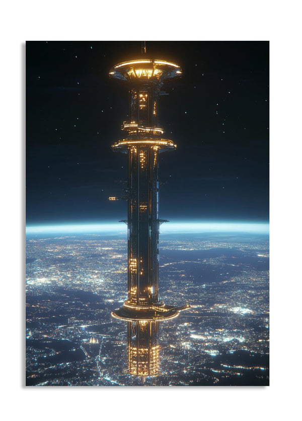 Tall tower with lights against a dark sky and Earth below, as a premium aluminum metal print from GoMetalPrint.
