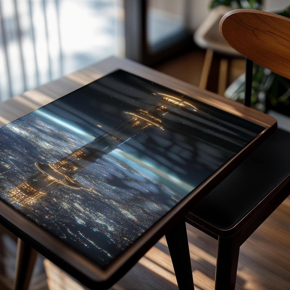 Tall tower with lights against a dark sky and Earth below, as a premium aluminum metal print from GoMetalPrint.
