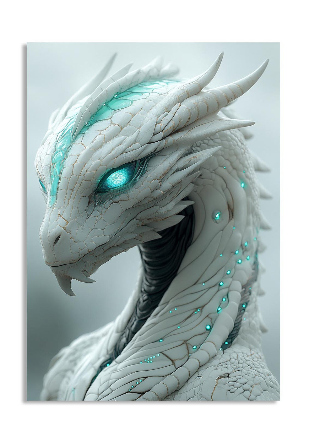 White dragon with teal eyes and glowing blue accents on a light gray background, as a premium aluminum metal print from GoMetalPrint.
