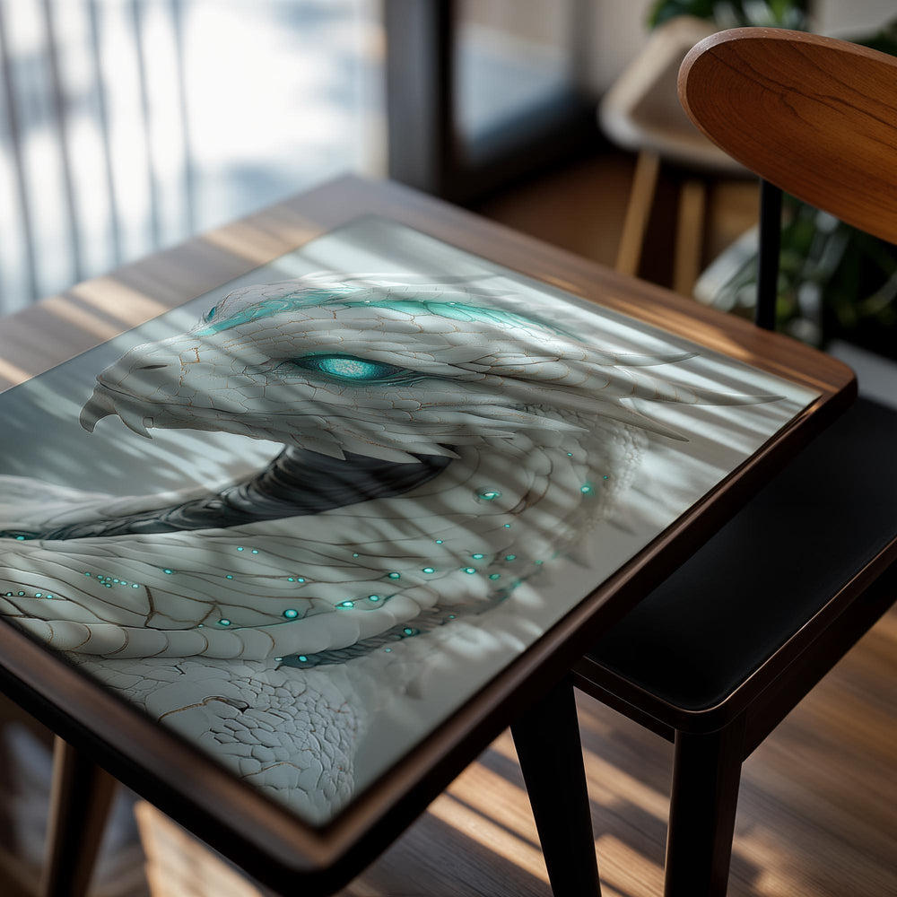White dragon with teal eyes and glowing blue accents on a light gray background, as a premium aluminum metal print from GoMetalPrint.
