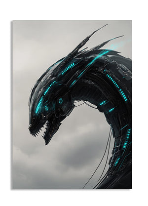 Alien-like creature with glowing blue accents on a gray background, as a premium aluminum metal print from GoMetalPrint.
