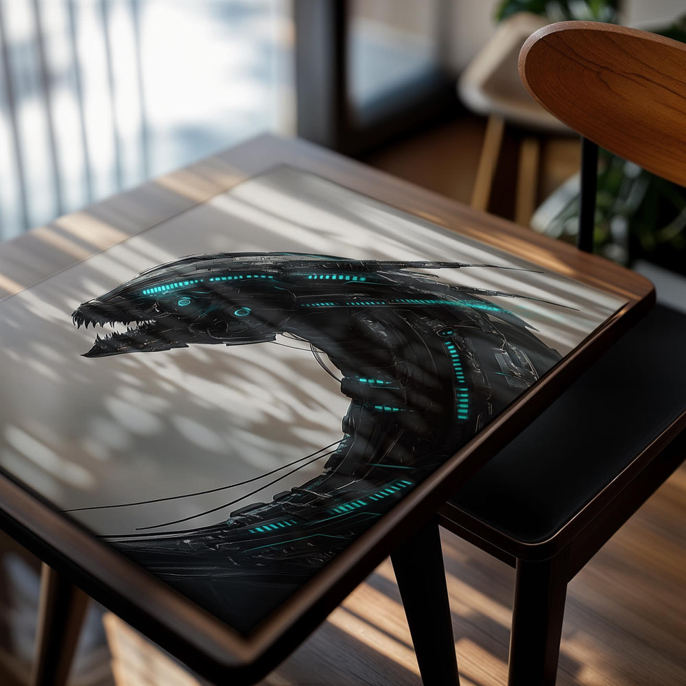 Alien-like creature with glowing blue accents on a gray background, as a premium aluminum metal print from GoMetalPrint.
