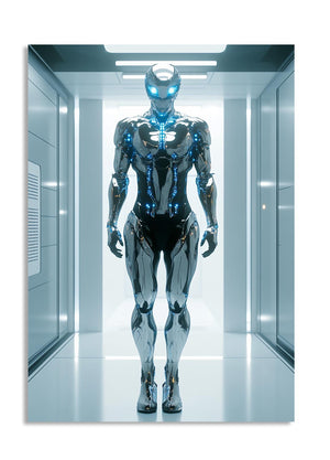 Robotic suit with glowing blue elements in a futuristic hallway, as a premium aluminum metal print from GoMetalPrint.
