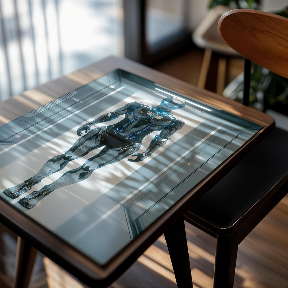 Robotic suit with glowing blue elements in a futuristic hallway, as a premium aluminum metal print from GoMetalPrint.
