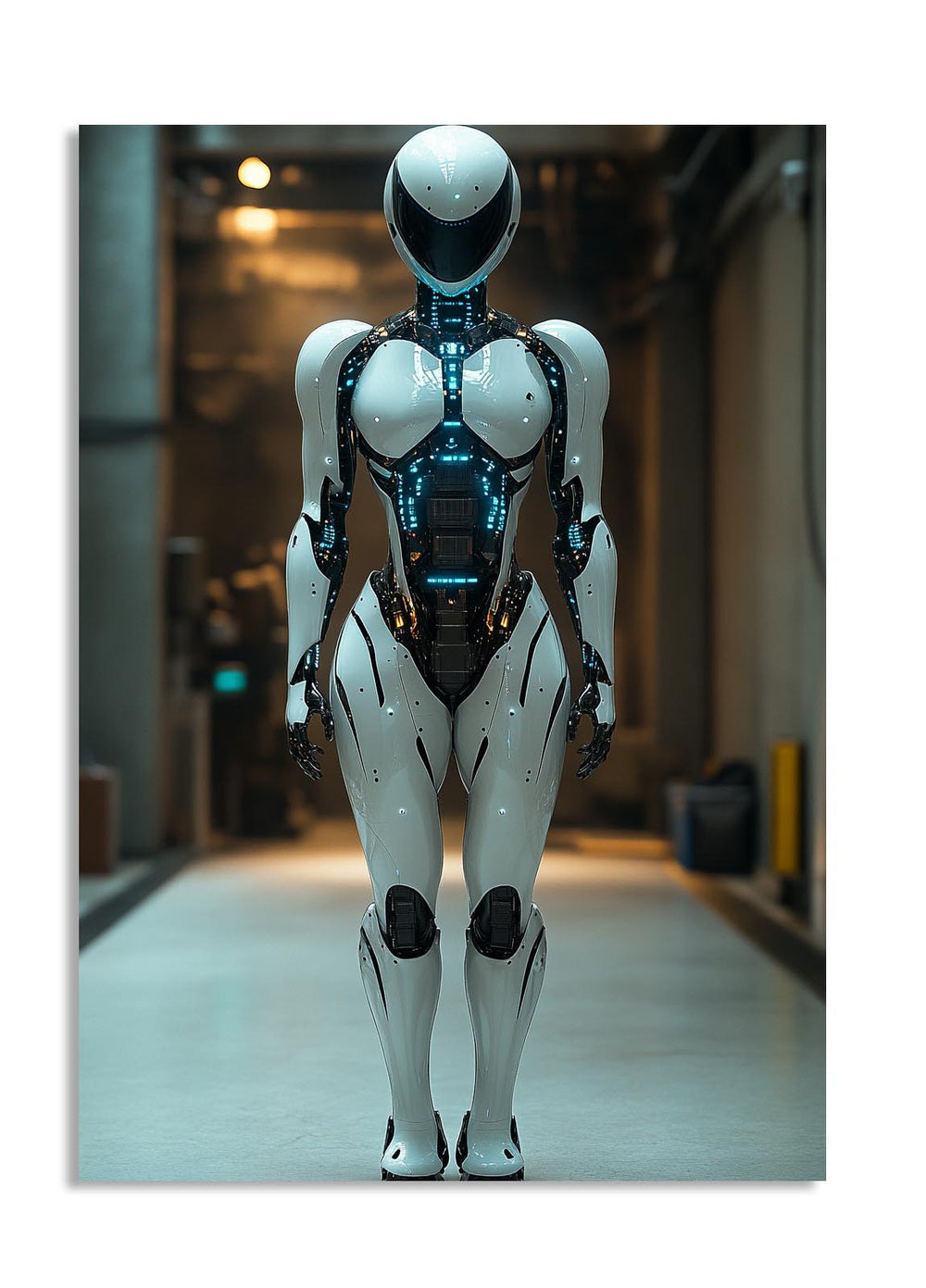 Robotic figure with white and black design in a futuristic setting, as a premium aluminum metal print from GoMetalPrint.

