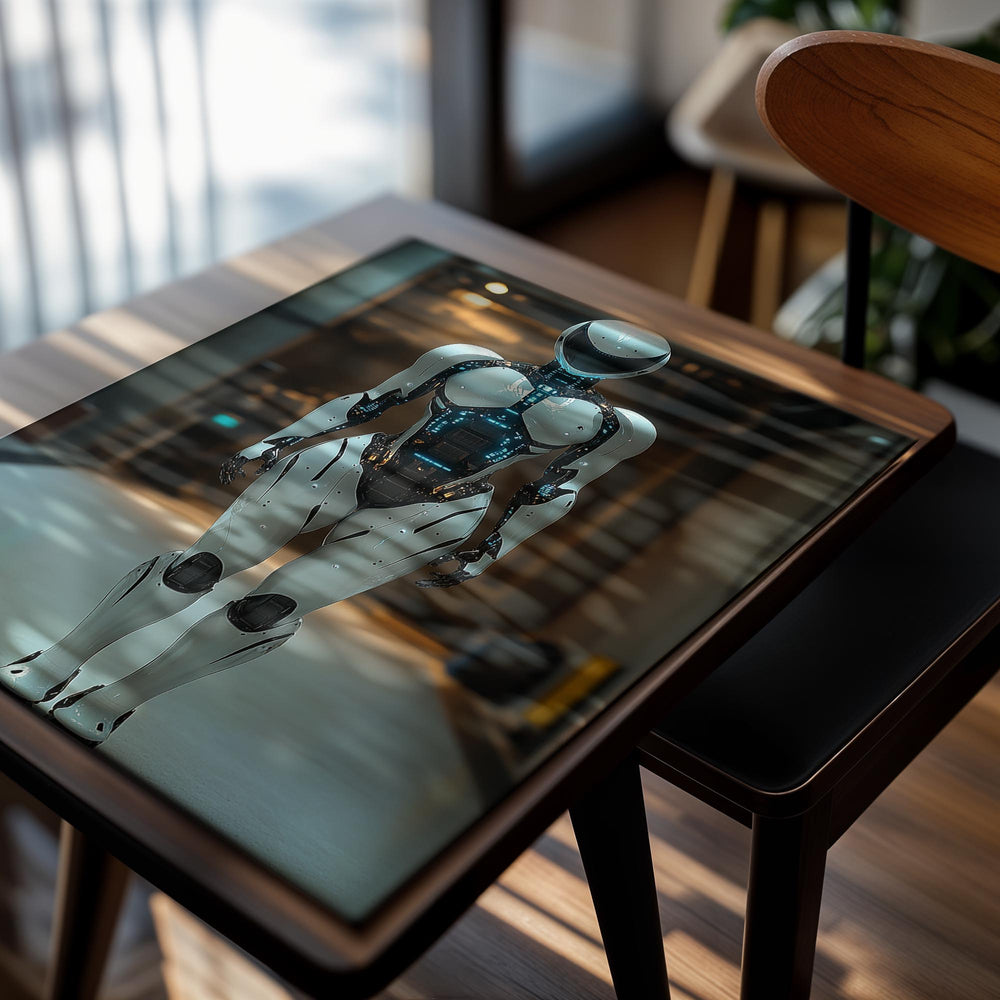 Robotic figure with white and black design in a futuristic setting, as a premium aluminum metal print from GoMetalPrint.
