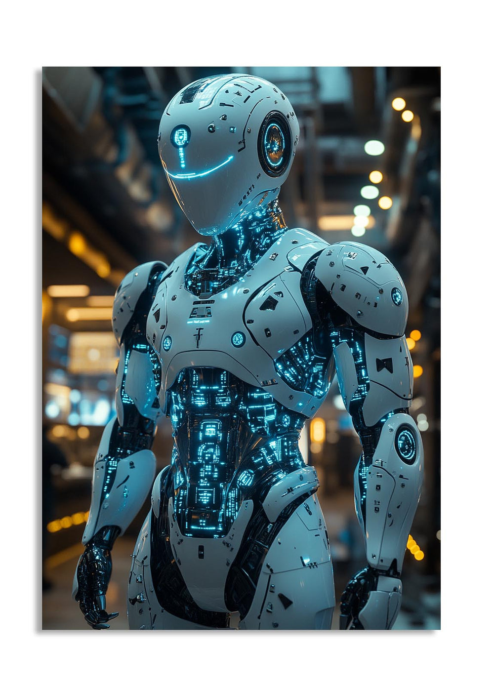 Robotic figure with glowing blue circuits in a blurred indoor setting, as a premium aluminum metal print from GoMetalPrint.
