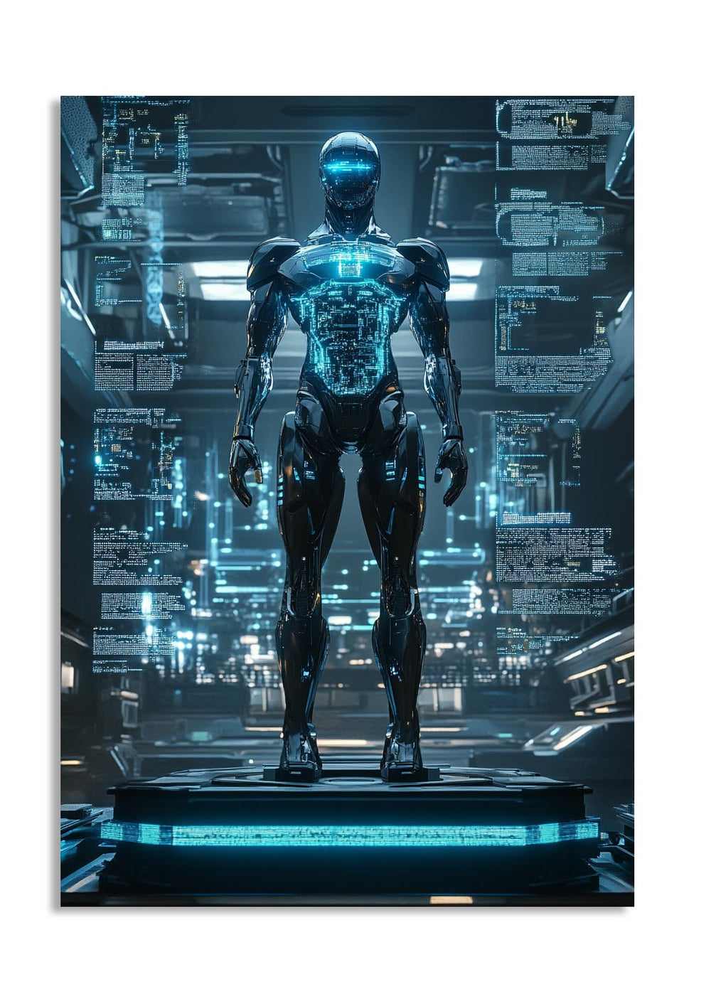 Robotic figure with glowing blue circuits against a futuristic cityscape background, as a premium aluminum metal print from GoMetalPrint.
