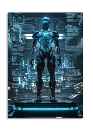 Robotic figure with glowing blue circuits against a futuristic cityscape background, as a premium aluminum metal print from GoMetalPrint.
