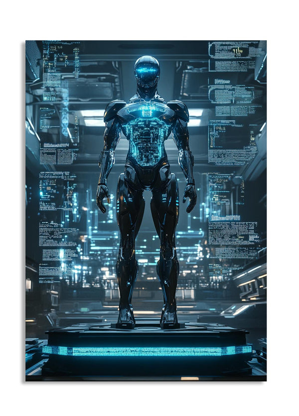 Robotic figure with glowing blue circuits against a futuristic cityscape background, as a premium aluminum metal print from GoMetalPrint.
