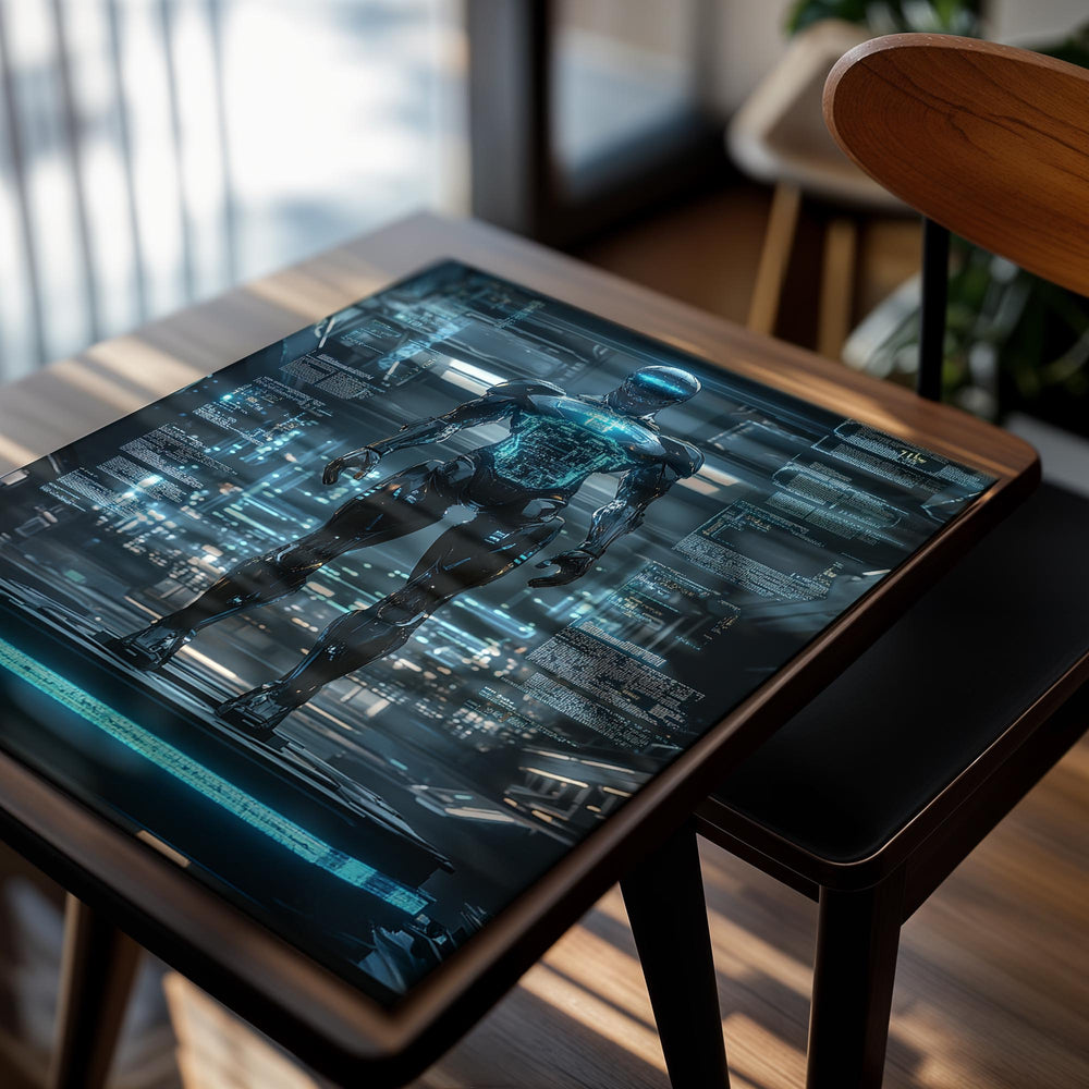 Robotic figure with glowing blue circuits against a futuristic cityscape background, as a premium aluminum metal print from GoMetalPrint.
