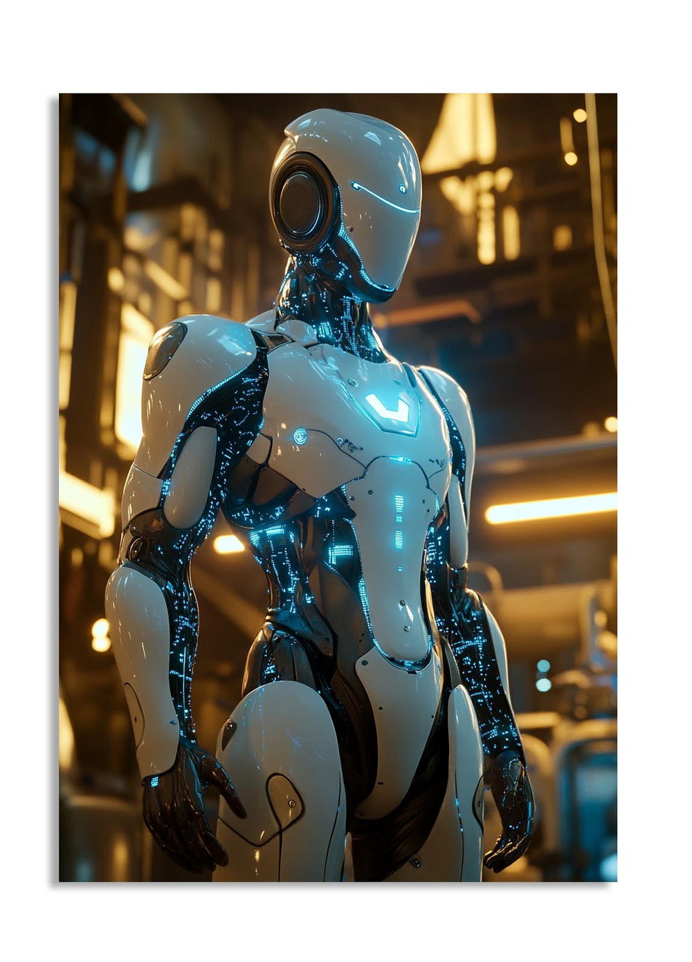 Robotic figure with glowing blue accents in a dimly lit room, as a premium aluminum metal print from GoMetalPrint.
