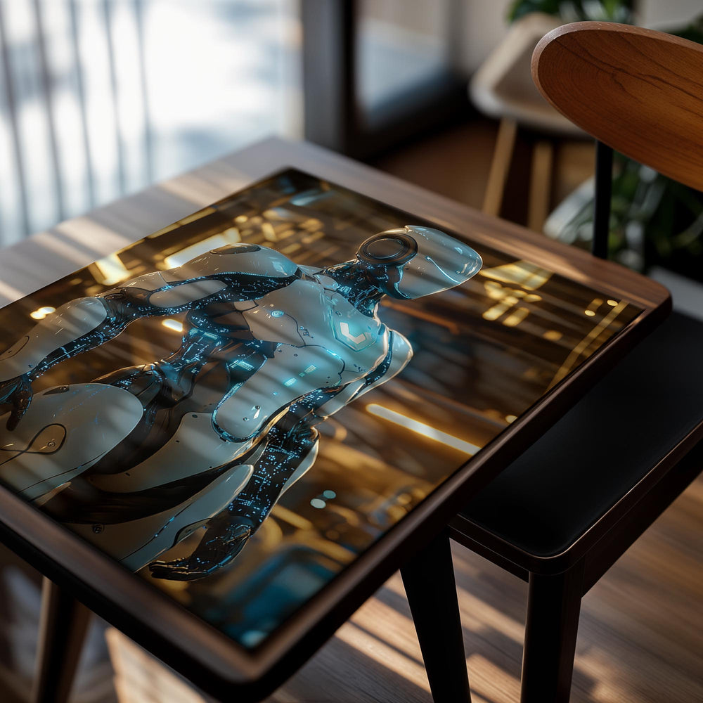 Robotic figure with glowing blue accents in a dimly lit room, as a premium aluminum metal print from GoMetalPrint.

