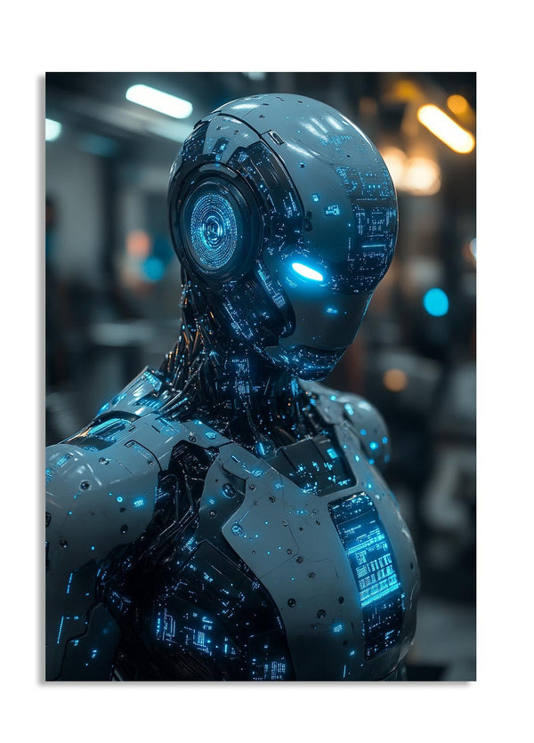 Robotic figure with glowing blue elements in a blurred indoor setting, as a premium aluminum metal print from GoMetalPrint.

