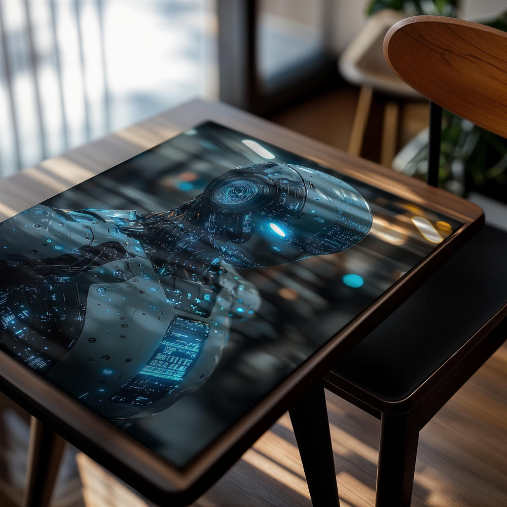 Robotic figure with glowing blue elements in a blurred indoor setting, as a premium aluminum metal print from GoMetalPrint.
