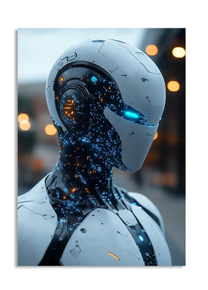 Artificial intelligence robot with glowing circuits against a blurred background, as a premium aluminum metal print from GoMetalPrint.
