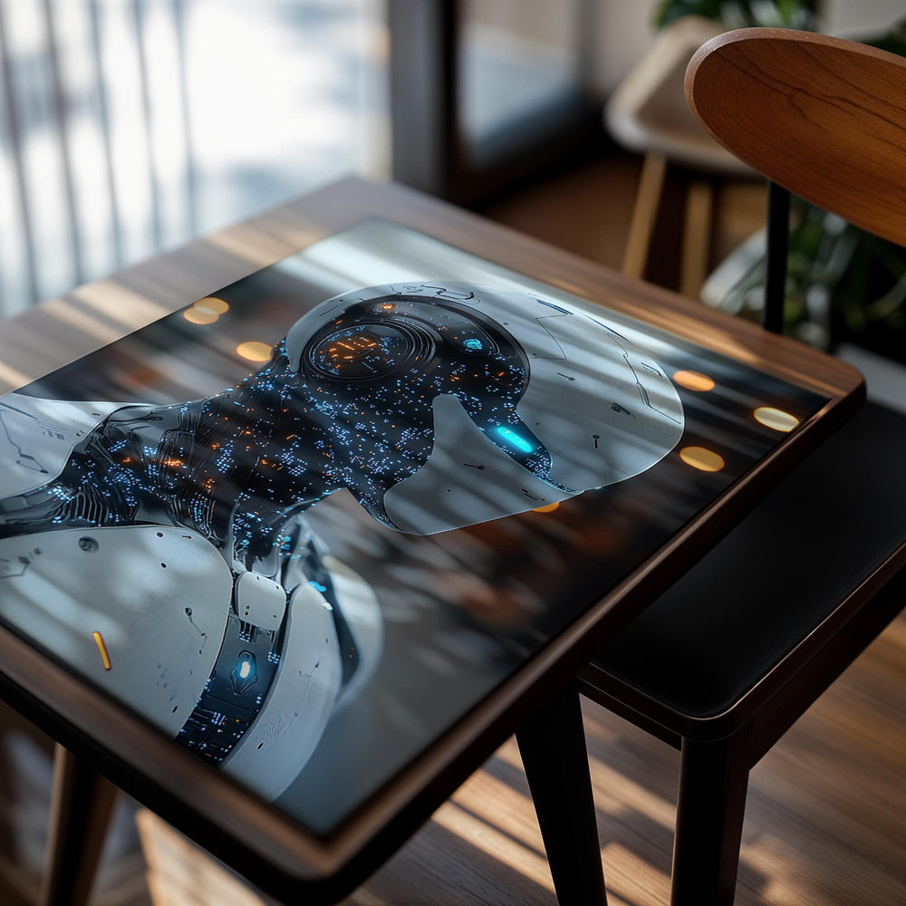 Artificial intelligence robot with glowing circuits against a blurred background, as a premium aluminum metal print from GoMetalPrint.
