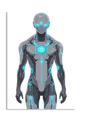 Cyberpunk-style character with glowing blue accents on a white background, as a premium aluminum metal print from GoMetalPrint.
