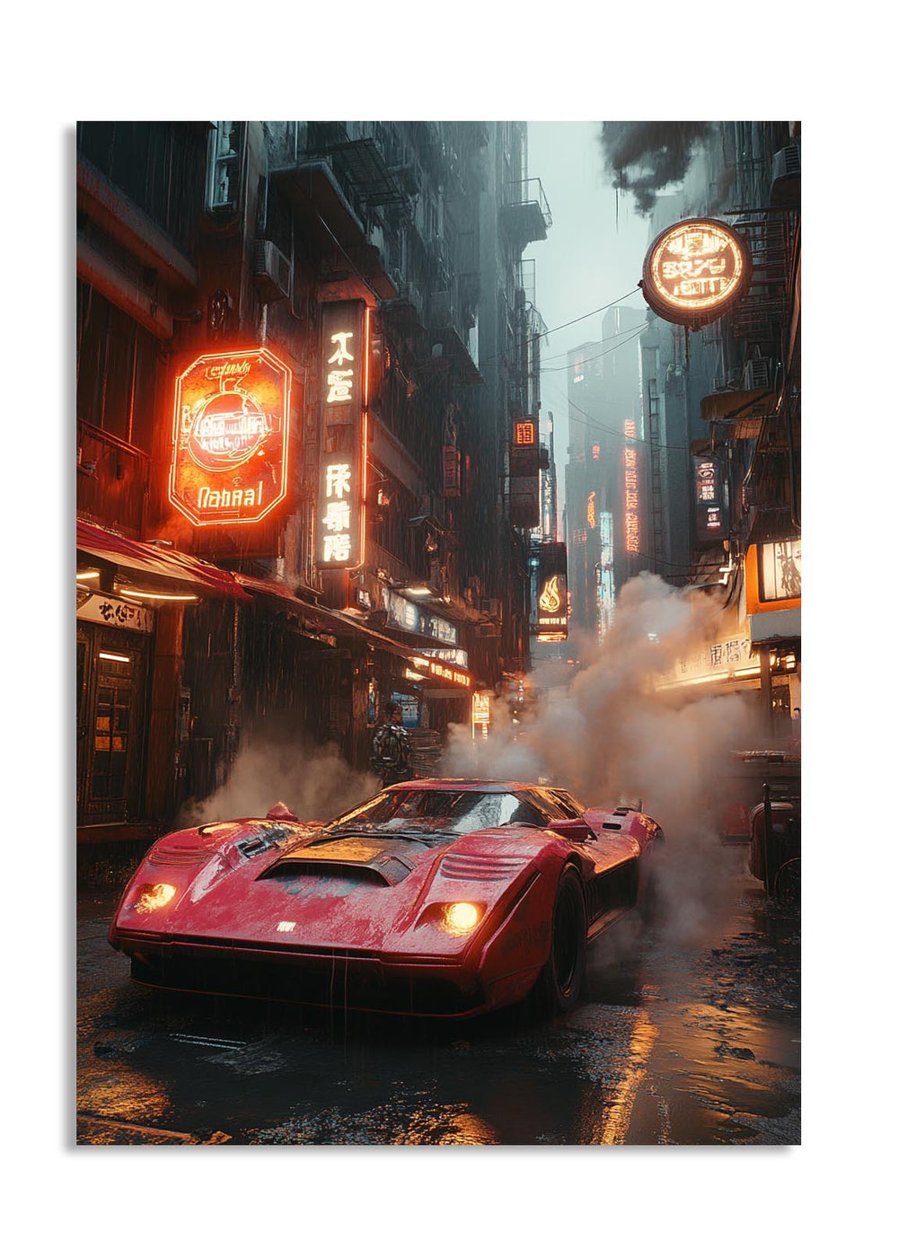 Red sports car on a city street with neon lights and smoke, as a premium aluminum metal print from GoMetalPrint.
