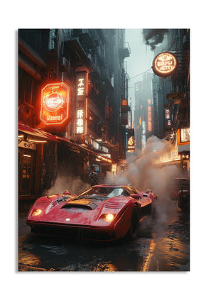 Red sports car on a city street with neon lights and smoke, as a premium aluminum metal print from GoMetalPrint.
