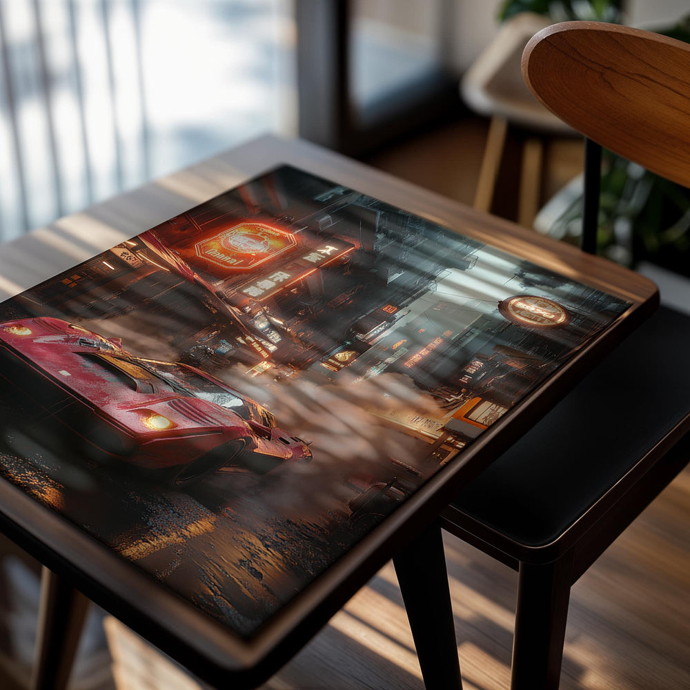 Red sports car on a city street with neon lights and smoke, as a premium aluminum metal print from GoMetalPrint.
