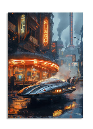 Sci-fi cityscape with a sleek car on a wet street at night, as a premium aluminum metal print from GoMetalPrint.
