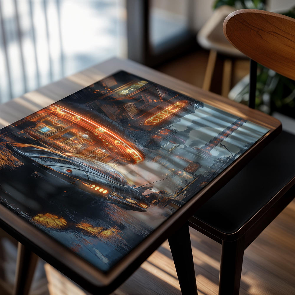 Sci-fi cityscape with a sleek car on a wet street at night, as a premium aluminum metal print from GoMetalPrint.
